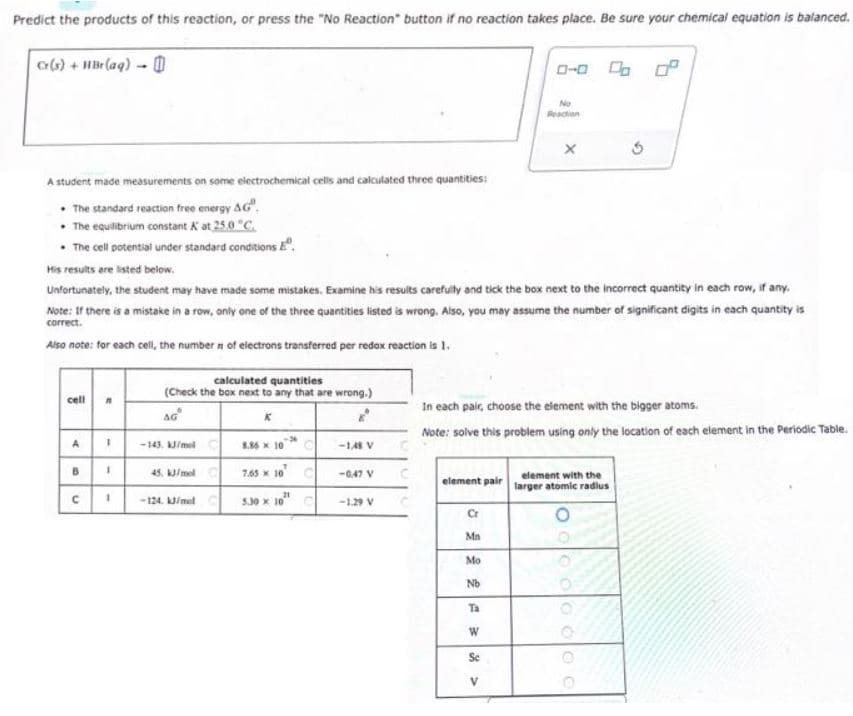 Predict the products of this reaction, or press the "No Reaction" button if no reaction takes place. Be sure your chemical equation is balanced.
Cr(s) + HBr (aq) →
A student made measurements on some electrochemical cells and calculated three quantities:
The standard reaction free energy AG".
• The equilibrium constant at 25.0 °C.
• The cell potential under standard conditions E
cell
A
13
His results are listed below.
Unfortunately, the student may have made some mistakes. Examine his results carefully and tick the box next to the incorrect quantity in each row, if any.
Note: If there is a mistake in a row, only one of the three quantities listed is wrong. Also, you may assume the number of significant digits in each quantity is
correct.
Also note: for each cell, the number of electrons transferred per redox reaction is 1.
n
n
1
-
1
calculated quantities
(Check the box next to any that are wrong.)
AG
Kº
-143. kJ/mol C
45. kJ/mol C
-124. J/mol C
8.86 x 10
7.65 x 10
5.30 x 10
C
-1.48 V
-0.47 V
-1.29 V
C
element pair
Cr
Ma
0-0 0.0 0.⁰
Mo
Nb
Ta
W
No
Reaction
In each pair, choose the element with the bigger atoms.
Note: solve this problem using only the location of each element in the Periodic Table.
<४
X
3
element with the
larger atomic radius
OOOOOO