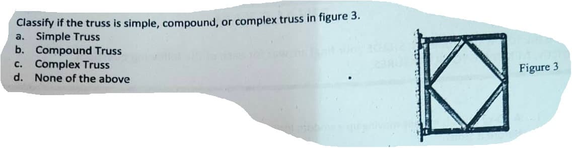 Classify if the truss is simple, compound, or complex truss in figure 3.
a. Simple Truss
b. Compound Truss
c. Complex Truss
d. None of the above
Figure 3