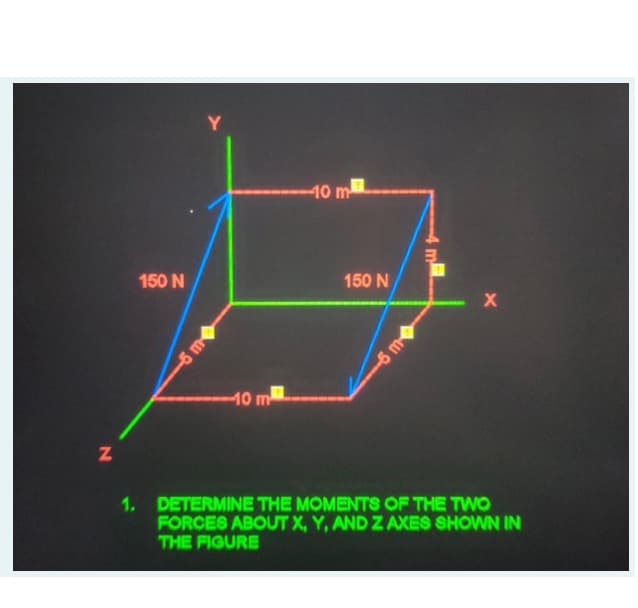 Y
40 m
150 N
150 N
-6 m
10 m
1. DETERMINE THE MOMENTS OF THE TWO
FORCES ABOUT X, Y, AND Z AXES SHOWN IN
THE FIGURE
m
