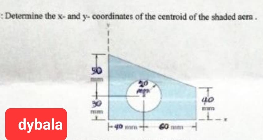 : Determine the x- and y- coordinates of the centroid of the shaded aera.
dybala
mm
30
20
mp
-40 mm
60 mm
4
40
mm