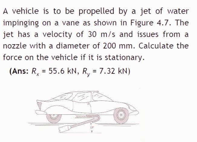 A vehicle is to be propelled by a jet of water
impinging on a vane as shown in Figure 4.7. The
jet has a velocity of 30 m/s and issues from a
nozzle with a diameter of 200 mm. Calculate the
force on the vehicle if it is stationary.
(Ans: Rx = 55.6 kN, R₁ = 7.32 kN)