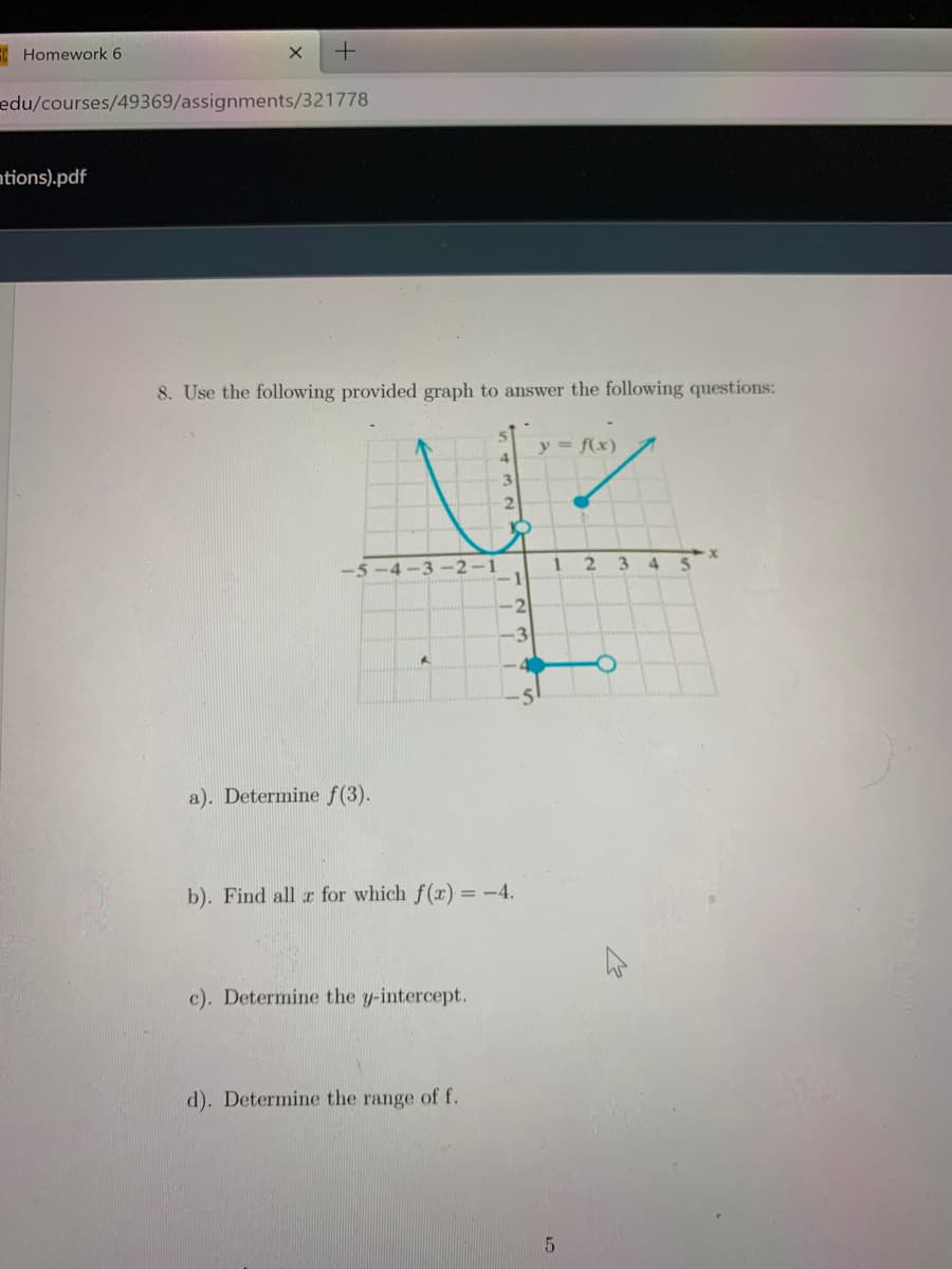 Homework 6
edu/courses/49369/assignments/321778
tions).pdf
8. Use the following provided graph to answer the following questions:
y f(x)
3.
2.
-5
-4-3-2-i
1.
2 3
4.
a). Determine f(3).
b). Find all r for which f(x)
= -4.
c). Determine the y-intercept.
d). Determine the range of f.
