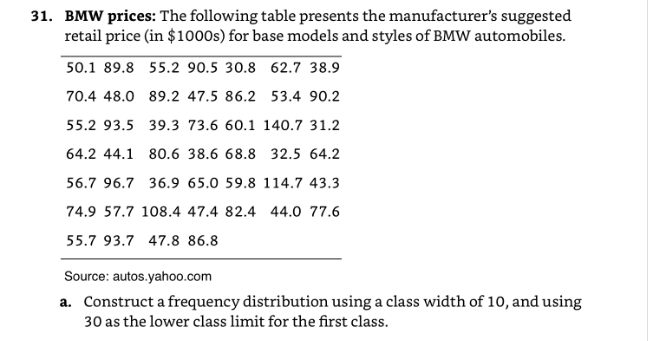 31. BMW prices: The following table presents the manufacturer's suggested
retail price (in $1000s) for base models and styles of BMW automobiles.
50.1 89.8 55.2 90.5 30.8 62.7 38.9
70.4 48.0 89.2 47.5 86.2 53.4 90.2
55.2 93.5 39.3 73.6 60.1 140.7 31.2
64.2 44.1 80.6 38.6 68.8 32.5 64.2
56.7 96.7 36.9 65.0 59.8 114.7 43.3
74.9 57.7 108.4 47.4 82.4 44.0 77.6
55.7 93.7 47.8 86.8
Source: autos.yahoo.com
a. Construct a frequency distribution using a class width of 10, and using
