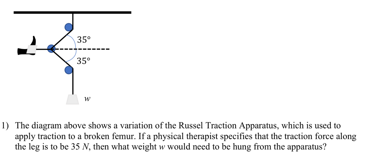 35°
35°
W
1) The diagram above shows a variation of the Russel Traction Apparatus, which is used to
apply traction to a broken femur. If a physical therapist specifies that the traction force along
the leg is to be 35 N, then what weight w would need to be hung from the apparatus?
