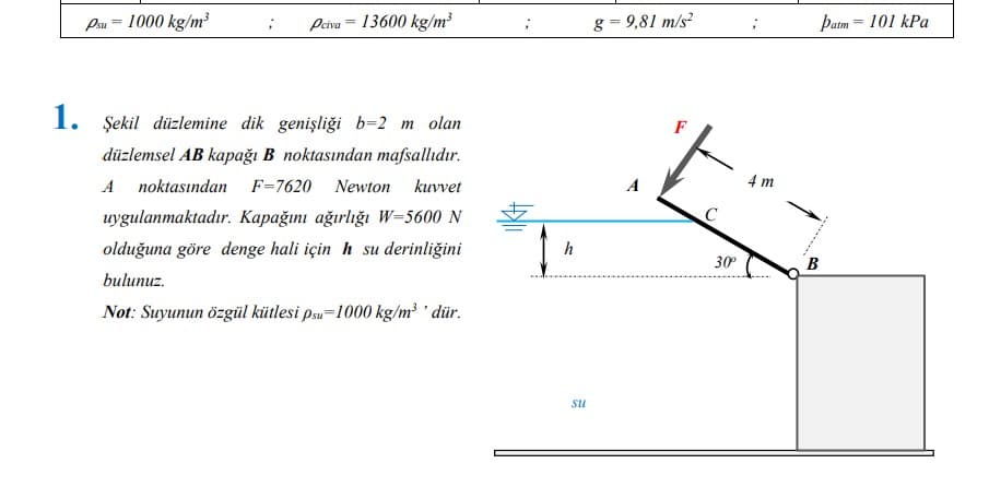 Pu = 1000 kg/m³
Peiva = 13600 kg/m³
g = 9,81 m/s?
Þatm = 101 kPa
1.
Şekil düzlemine dik genişliği b=2 m olan
düzlemsel AB kapağı B noktasından mafsallıdır.
A noktasından
F=7620
Newton
kuvvet
A
4 m
uygulanmaktadır. Kapağını ağırlığı W=5600 N
olduğuna göre denge hali için h su derinliğini
h
30°
B
bulunuz.
Not: Suyunun özgül kütlesi psu=1000 kg/m³ ' dür.
su
