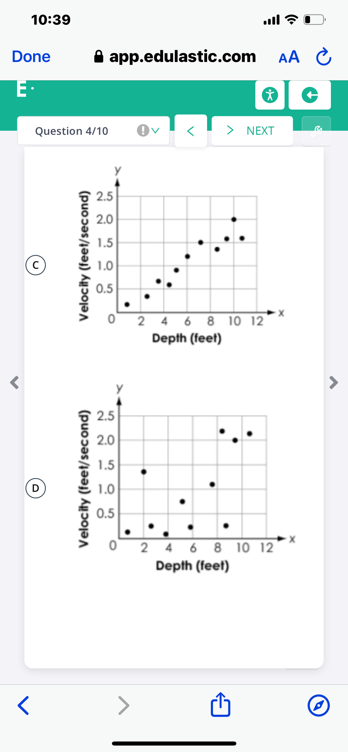 10:39
ull ?
Done
app.edulastic.com
AA
E·
Question 4/10
> NEXT
2.5
2.0
1.5
1.0
0.5
2 4 6 8 10 12
Depth (feet)
2.5
2.0
1.5
1.0
0.5
2 4 6 8 10 12
Depth (feet)
Velocity (feet/second)
Velocity (feet/second)
