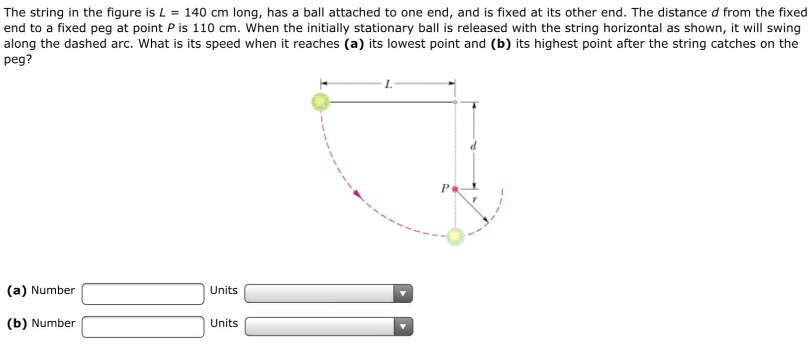 The string in the figure is L = 140 cm long, has a ball attached to one end, and is fixed at its other end. The distance d from the fixed
end to a fixed peg at point P is 110 cm. When the initially stationary ball is released with the string horizontal as shown, it will swing
along the dashed arc. What is its speed when it reaches (a) its lowest point and (b) its highest point after the string catches on the
peg?
L.
(a) Number
Units
(b) Number
Units
