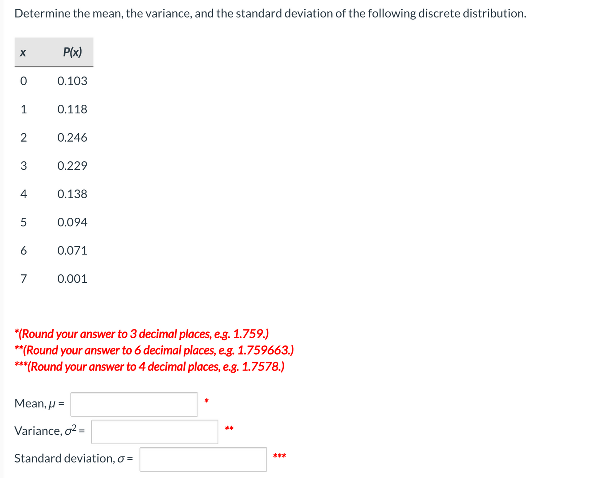 Determine the mean, the variance, and the standard deviation of the following discrete distribution.
P(x)
0.103
1
0.118
2
0.246
3
0.229
4
0.138
0.094
0.071
7
0.001
*(Round your answer to 3 decimal places, e.g. 1.759.)
**(Round your answer to 6 decimal places, e.g. 1.759663.)
(Round your answer to 4 decimal places, e.g. 1.7578.)
***
Mean, U =
Variance, o2 =
**
%3D
***
Standard deviation, o =
