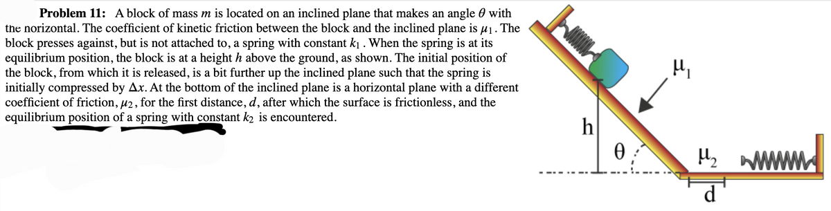 Problem 11: A block of mass m is located on an inclined plane that makes an angle with
the norizontal. The coefficient of kinetic friction between the block and the inclined plane is µ₁. The
block presses against, but is not attached to, a spring with constant k₁. When the spring is at its
equilibrium position, the block is at a height h above the ground, as shown. The initial position of
the block, from which it is released, is a bit further up the inclined plane such that the spring is
initially compressed by Ax. At the bottom of the inclined plane is a horizontal plane with a different
coefficient of friction, µ2, for the first distance, d, after which the surface is frictionless, and the
equilibrium position of a spring with constant k2 is encountered.
h
0
μ₁
μ₂ www
d