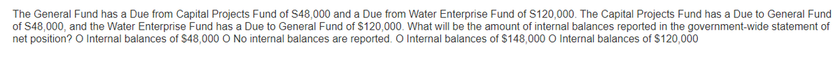 The General Fund has a Due from Capital Projects Fund of S48,000 and a Due from Water Enterprise Fund of S120,000. The Capital Projects Fund has a Due to General Fund
of S48,000, and the Water Enterprise Fund has a Due to General Fund of $120,000. What will be the amount of internal balances reported in the government-wide statement of
net position? O Internal balances of $48,000 O No internal balances are reported. O Internal balances of $148,000 O Internal balances of $120,000