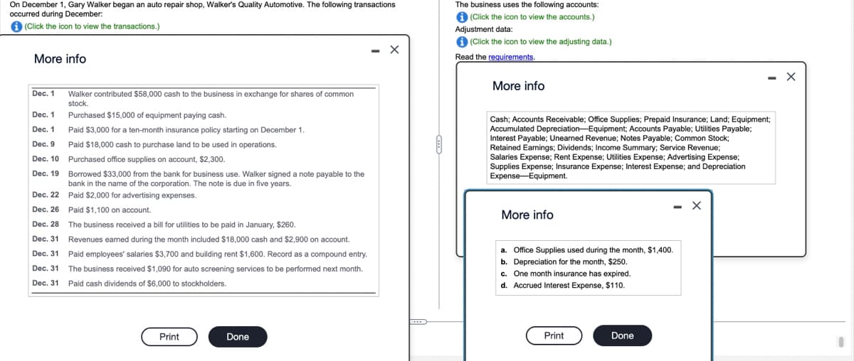 On December 1, Gary Walker began an auto repair shop, Walker's Quality Automotive. The following transactions
occurred during December:
i (Click the icon to view the transactions.)
More info
Dec. 1
Dec. 1
Dec. 1
Dec. 9
Dec. 10
Dec. 19
Dec. 22
Dec. 26
Dec. 28
Dec. 31
Dec. 31
Dec. 31
Dec. 31
Walker contributed $58,000 cash to the business in exchange for shares of common
stock.
Purchased $15,000 of equipment paying cash.
Paid $3,000 for a ten-month insurance policy starting on December 1.
Paid $18,000 cash to purchase land to be used in operations.
Purchased office supplies on account, $2,300.
Borrowed $33,000 from the bank for business use. Walker signed a note payable to the
bank in the name of the corporation. The note is due in five years.
Paid $2,000 for advertising expenses.
Paid $1,100 on account.
The business received a bill for utilities to be paid in January, $260.
Revenues earned during the month included $18,000 cash and $2,900 on account.
Paid employees' salaries $3,700 and building rent $1,600. Record as a compound entry.
The business received $1,090 for auto screening services to be performed next month.
Paid cash dividends of $6,000 to stockholders.
Print
Done
X
The business uses the following accounts:
i (Click the icon to view the accounts.)
Adjustment data:
(Click the icon to view the adjusting data.)
Read the requirements.
More info
Cash; Accounts Receivable; Office Supplies; Prepaid Insurance; Land; Equipment;
Accumulated Depreciation Equipment; Accounts Payable; Utilities Payable;
Interest Payable; Unearned Revenue; Notes Payable; Common Stock;
Retained Earnings; Dividends; Income Summary; Service Revenue;
Salaries Expense; Rent Expense; Utilities Expense; Advertising Expense;
Supplies Expense; Insurance Expense; Interest Expense; and Depreciation
Expense-Equipment.
More info
a. Office Supplies used during the month, $1,400.
b. Depreciation for the month, $250.
c. One month insurance has expired.
d. Accrued Interest Expense, $110.
Print
- X
Done
- X