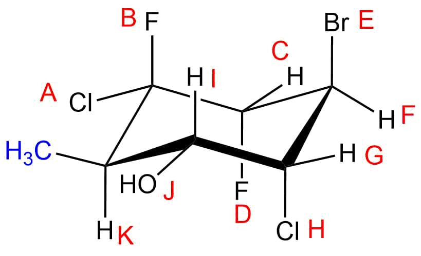 BF
Br E
C
HI
А
CI
H.
H3C-
-HG
HO J
HK
CI H
-FD
