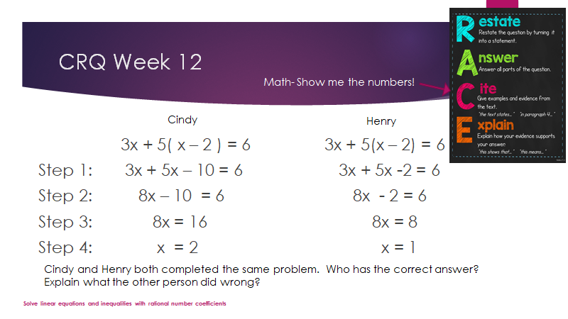 estate
Restate the question by turning it
into a statement.
A:
C:
CRQ Week 12
nswer
Answer ol parts of the question.
Math- Show me the numbers!
ite
Gve examples and evidence from
the text.
the text states' n porogrph4."
Cindy
Henry
Explan how your evidence supports
3x + 5( x- 2) = 6
Зх + 5(х — 2) 6
your answen
this shows that.' W means.
Step 1:
3x + 5x – 10 = 6
3x + 5x -2 = 6
Step 2:
8x – 10 = 6
8x - 2 = 6
%3D
Step 3:
8x = 16
8x = 8
%3D
Step 4:
X = 2
X = 1
Cindy and Henry both completed the same problem. Who has the correct answer?
Explain what the other person did wrong?
Solve linear equafions and inequalifies with rafional number coefficients
RACE
