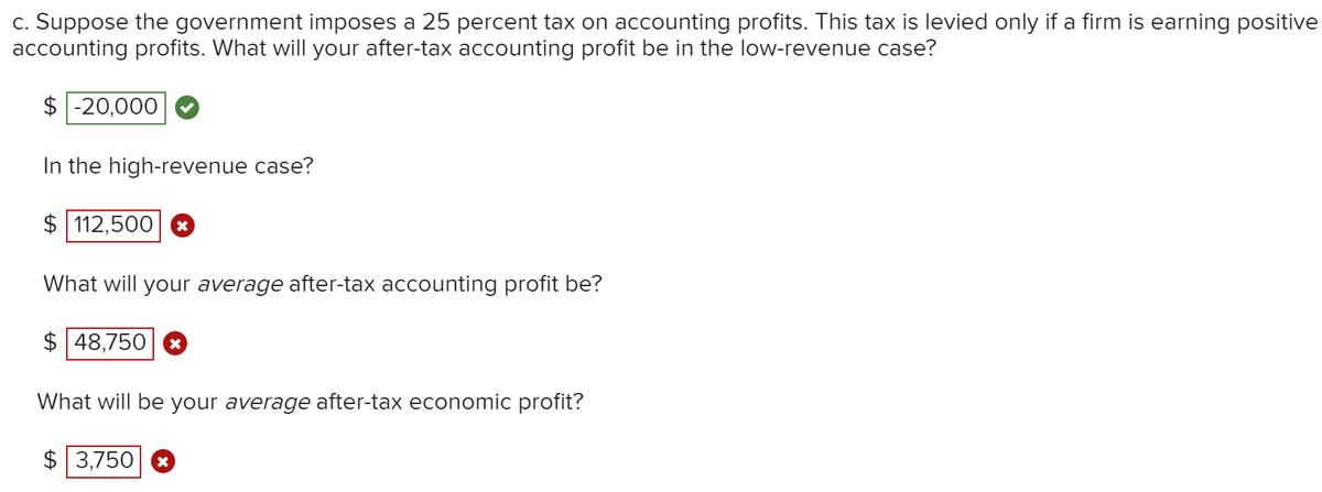 c. Suppose the government imposes a 25 percent tax on accounting profits. This tax is levied only if a firm is earning positive
accounting profits. What will your after-tax accounting profit be in the low-revenue case?
$ -20,000
In the high-revenue case?
$ 112,500 *
What will your average after-tax accounting profit be?
$ 48,750
What will be your average after-tax economic profit?
$ 3,750 8
