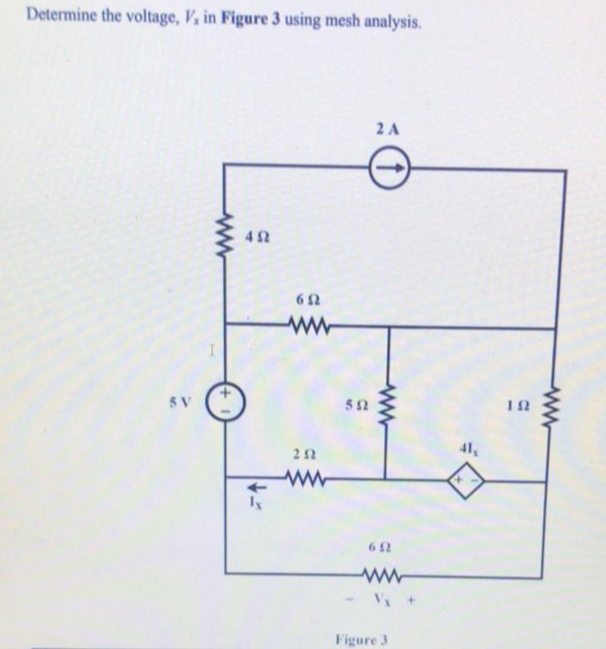 Determine the voltage, V, in Figure 3 using mesh analysis.
2A
42
62
5 V
41
62
ww-
Figure 3
