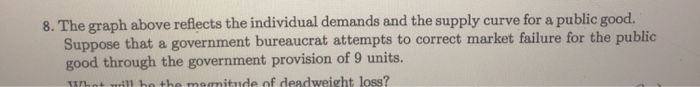 8. The graph above reflects the individual demands and the supply curve for a public good.
Suppose that a government bureaucrat attempts to correct market failure for the public
good through the government provision of 9 units.
