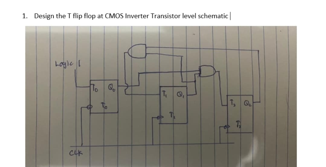 1. Design the T flip flop at CMOS Inverter Transistor level schematic
Logic I
To
T, Q
To
CLK
