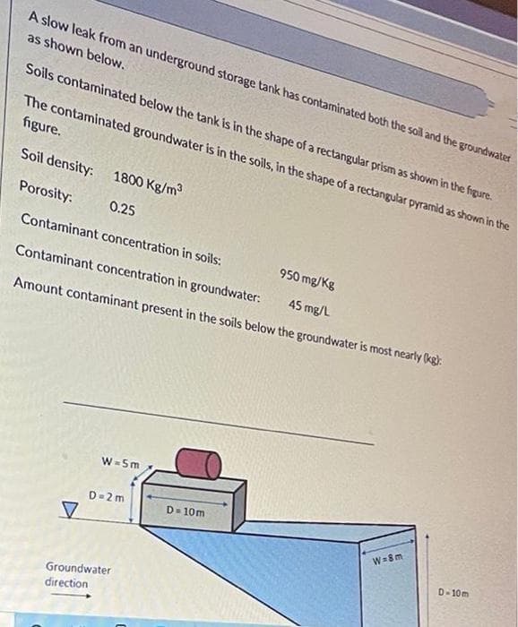 A slow leak from an underground storage tank has contaminated both the soil and the groundwater
as shown below.
Soils contaminated below the tank is in the shape of a rectangular prism as shown in the figure.
The contaminated groundwater is in the soils, in the shape of a rectangular pyrarmid as shown in the
figure.
Soil density: 1800 Kg/m3
Porosity:
0.25
Contaminant concentration in soils:
950 mg/Kg
Contaminant concentration in groundwater:
45 mg/L
Amount contaminant present in the soils below the groundwater is most nearly (kg):
W=5m
D-2m
D= 10m
W=8m
D-10m
Groundwater
direction
