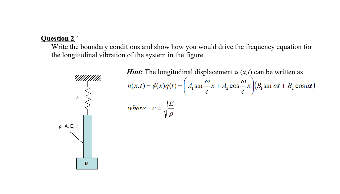 Question 2,
Write the boundary conditions and show how you would drive the frequency equation for
the longitudinal vibration of the system in the figure.
Hint: The longitudinal displacement u (x,t) can be written as
u(x,t) = ¢(x)q(t)=| 4, sin "x+ A, cosx (B, sin at + B, cos ax)
E
C =
where
P, A, E, I
M
