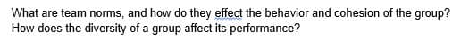 What are team norms, and how do they effect the behavior and cohesion of the group?
How does the diversity of a group affect its performance?