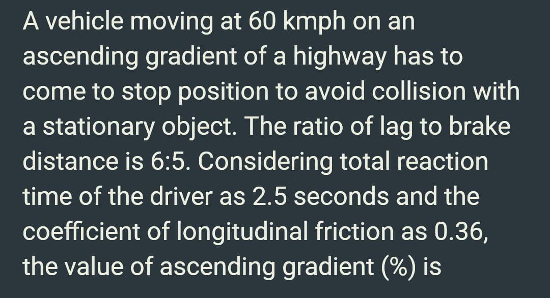 A vehicle moving at 60 kmph on an
ascending gradient of a highway has to
come to stop position to avoid collision with
a stationary object. The ratio of lag to brake
distance is 6:5. Considering total reaction
time of the driver as 2.5 seconds and the
coefficient of longitudinal friction as 0.36,
the value of ascending gradient (%) is