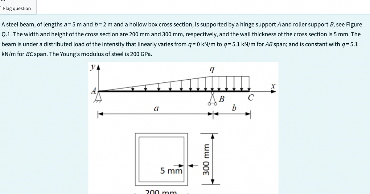 Flag question
A steel beam, of lengths a = 5 m and b= 2 m and a hollow box cross section, is supported by a hinge support A and roller support B, see Figure
Q.1. The width and height of the cross section are 200 mm and 300 mm, respectively, and the wall thickness of the cross section is 5 mm. The
beam is under a distributed load of the intensity that linearly varies from q= 0 kN/m to q= 5.1 kN/m for AB span; and is constant with q= 5.1
kN/m for BC span. The Young's modulus of steel is 200 GPa.
YA
A
a
5 mm
200 mm
الليبية
Дв C
300 mm
b
X