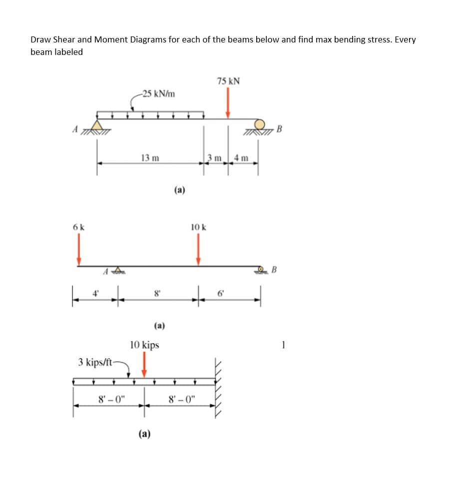 Draw Shear and Moment Diagrams for each of the beams below and find max bending stress. Every
beam labeled
75 kN
-25 kN/m
13 m
3 m
4 m
(а)
6k
10 k
8"
6'
(a)
10 kips
1
3 kips/ft-
8' – 0"
8' – 0"
(а)
