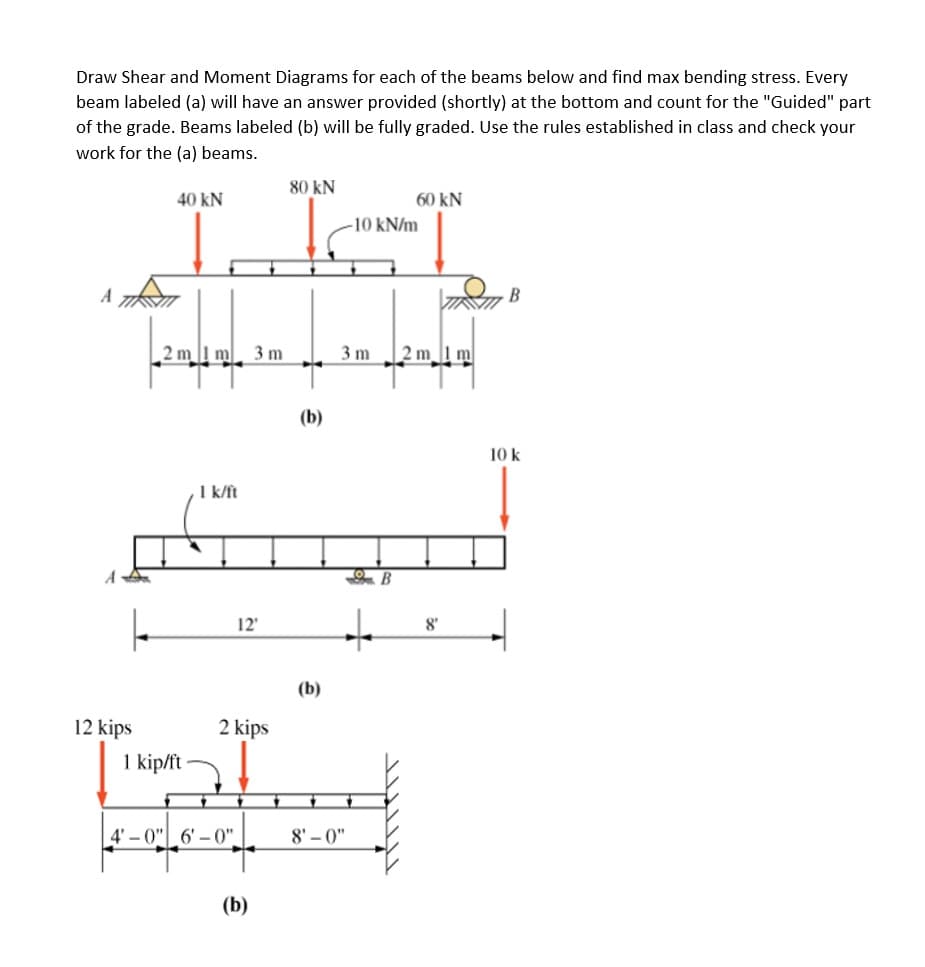 Draw Shear and Moment Diagrams for each of the beams below and find max bending stress. Every
beam labeled (a) will have an answer provided (shortly) at the bottom and count for the "Guided" part
of the grade. Beams labeled (b) will be fully graded. Use the rules established in class and check your
work for the (a) beams.
80 kN
40 kN
60 kN
-10 kN/m
A 7
2 m1 m. 3 m
3 m
2 m
m
(b)
10 k
I k/ft
A
12'
8'
(b)
12 kips
2 kips
1 kip/ft
4' – 0" 6' -0".
8' – 0"
(b)
