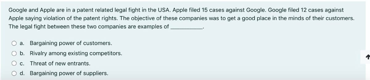 Google and Apple are in a patent related legal fight in the USA. Apple filed 15 cases against Google. Google filed 12 cases against
Apple saying violation of the patent rights. The objective of these companies was to get a good place in the minds of their customers.
The legal fight between these two companies are examples of
O a. Bargaining power of customers.
O b. Rivalry among existing competitors.
O c.
Threat of new entrants.
O d. Bargaining power of suppliers.
