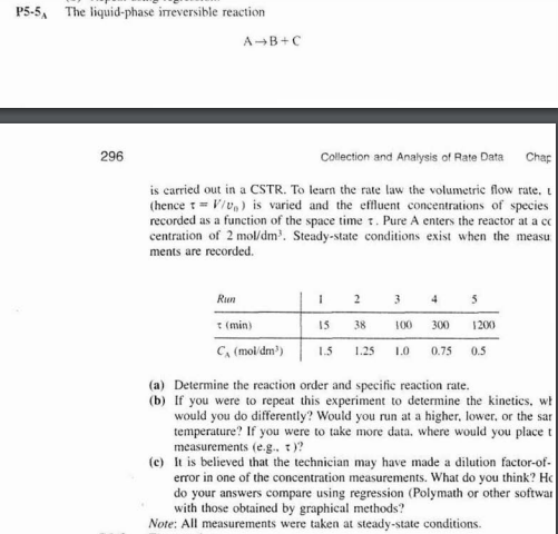 P5-5, The liquid-phase irreversible reaction
AB+C
296
Collection and Analysis of Rate Data
Chap
is carried out in a CSTR. To learn the rate law the volumetric flow rate, t
(hence r= Viv,) is varied and the effuent concentrations of species
recorded as a function of the space time t. Pure A enters the reactor at a cc
centration of 2 mol/dm. Steady-state conditions exist when the measu
ments are recorded.
Run
4
: (min)
15
38
100
300
1200
C, (mol/dm)
1.5
1.25
1.0
0.75
0.5
(a) Determine the reaction order and specific reaction rate.
(b) If you were to repeat this experiment to determine the kinetics, wt
would you do differently? Would you run at a higher, lower, or the sar
temperature? If you were to take more data, where would you place t
measurements (e.g.. t)?
(c) It is believed that the technician may have made a dilution factor-of-
error in one of the concentration measurements. What do you think? Hc
do your answers compare using regression (Polymath or other softwar
with those obtained by graphical methods?
Note: All measurements were taken at steady-state conditions.
