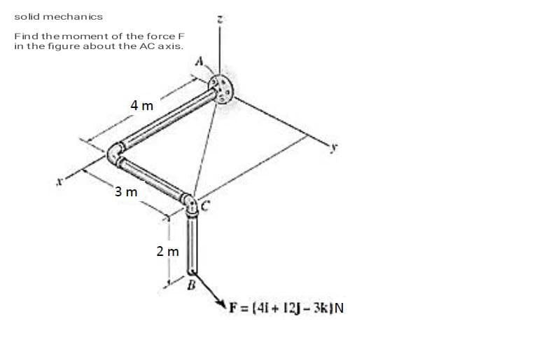 solid mechanics
Find the moment of the force F
in the figure about the ACaxis.
4 m
3 m
2 m
B
F=(41+ 12J-3k)N
