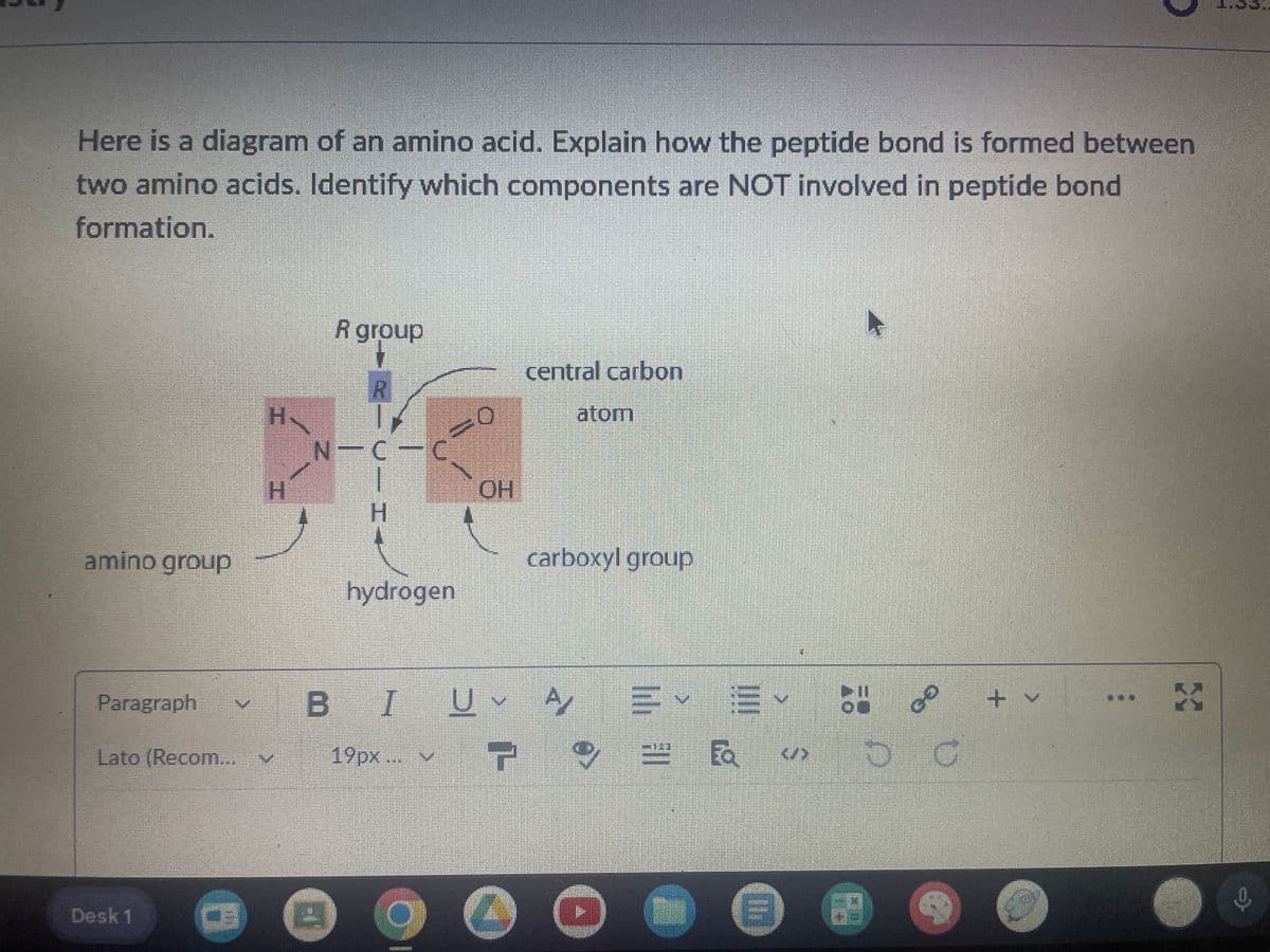 Here is a diagram of an amino acid. Explain how the peptide bond is formed between
two amino acids. Identify which components are NOT involved in peptide bond
formation.
amino group
Paragraph
Lato (Recom...
Desk 1
R group
R
H
O
H
V— I→
NIC C
OH
H
hydrogen
central carbon
atom
carboxyl group
BI
U
A
88
Ea
19px.. v
E
هو
C
+く