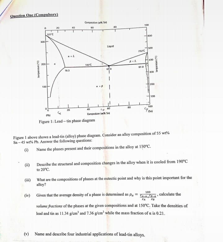 Question One (Compulsory)
Composition (atk Sn)
100
20
40
60
80
327C
B00
300
Liquid
500
232C
400
200
183C
07.8
18.3
61.9
300
100-
H200
100
BO
100
20
40
60
Pb)
Compesition (wt% Sn)
Figure 1: Lead -tin phase diagram
Figure I above shows a lead-tin (alloy) phase diagram. Consider an alloy composition of 55 wt%
Sn - 45 wt% Pb. Answer the following questions:
(i)
Name the phases present and their compositions in the alloy at 150°C.
(ii)
Describe the structural and composition changes in the alloy when it is cooled from 190°C
to 20°C.
(iii) What are the compositions of phases at the eutectic point and why is this point important for the
alloy?
(iv) Given that the average density of a phase is determined as Pa =
100
,calculate the
PA
PB
volume fractions of the phases at the given compositions and at 150°C. Take the densities of
lead and tin as 11.34 g/cm' and 7.36 g/cm' while the mass fraction of a is 0.21.
(v)
Name and describe four industrial applications of lead-tin alloys.
ta aroundu
(3.) arudua
