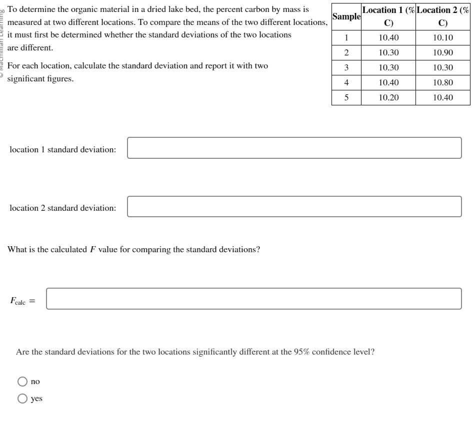 20 To determine the organic material in a dried lake bed, the percent carbon by mass is
measured at two different locations. To compare the means of the two different locations,
it must first be determined whether the standard deviations of the two locations
are different.
For each location, calculate the standard deviation and report it with two
significant figures.
location 1 standard deviation:
location 2 standard deviation:
What is the calculated F value for comparing the standard deviations?
Fcale =
no
Sample
1
2
3
4
5
Are the standard deviations for the two locations significantly different at the 95% confidence level?
O yes
Location 1 (% Location 2 (%)
C)
C)
10.40
10.10
10.30
10.90
10.30
10.30
10.40
10.80
10.20
10.40