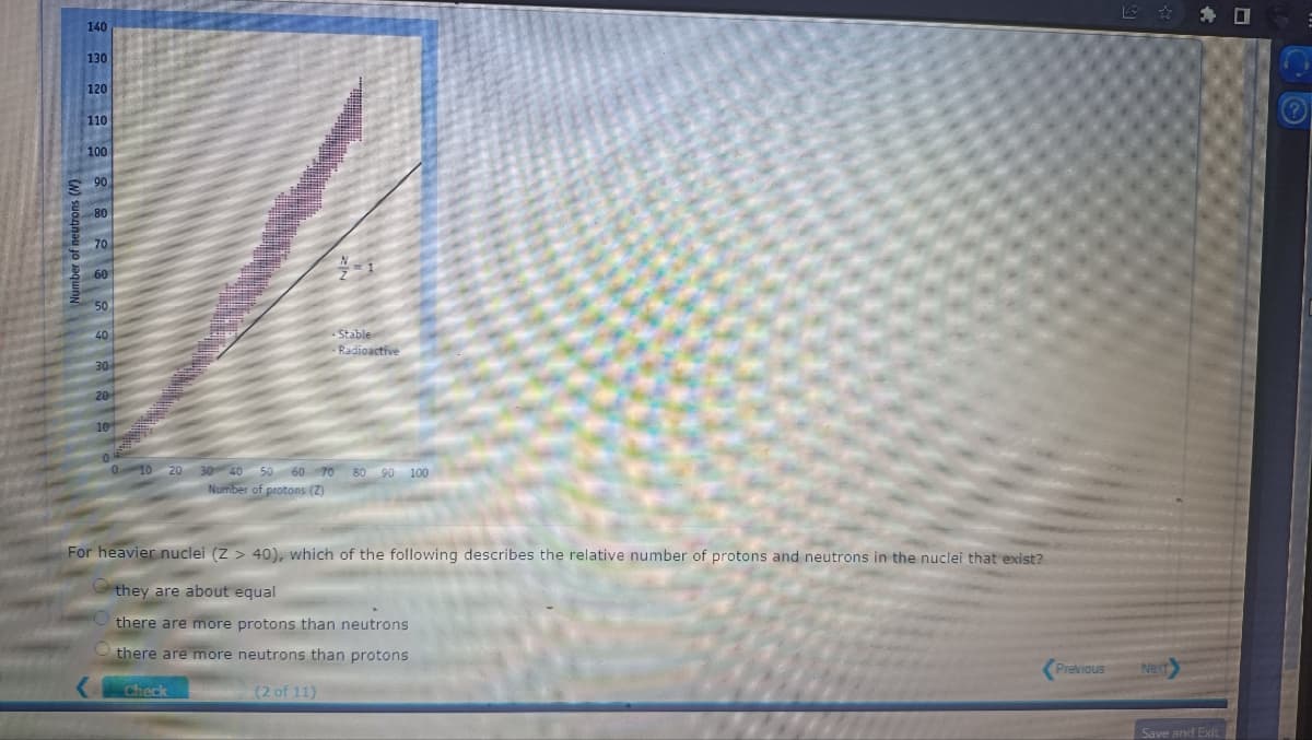 E ☆身口
140
130
120
110
100
E 90
80
70
60
50
40
-Stable
Radioactive
30
20
10
010 20 30 40
50 60 70
Number of protons (Z)
80 90 100
For heavier nuclei (Z > 40), which of the following describes the relative number of protons and neutrons in the nuclei that exist?
they are about equal
there are more protons than neutrons
O there are more neutrons than protons
Check
(2 of 11)
Previous
Nex
Save and Exit
CO
