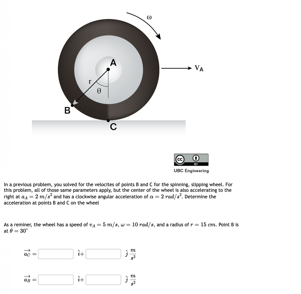 19
ac =
B
ав
In a previous problem, you solved for the velocites of points B and C for the spinning, slipping wheel. For
this problem, all of those same parameters apply, but the center of the wheel is also accelerating to the
right at aд = 2 m/s² and has a clockwise angular acceleration of a = 2 rad/s². Determine the
acceleration at points B and C on the wheel
||
As a reminer, the wheel has a speed of vд = 5 m/s, w = 10 rad/s, and a radius of r = = 15 cm. Point B is
at 0 = 30°
A
i+
C
î+
U.›
(.›
VA
m
8²
CC ✪
BY
UBC Engineering
m