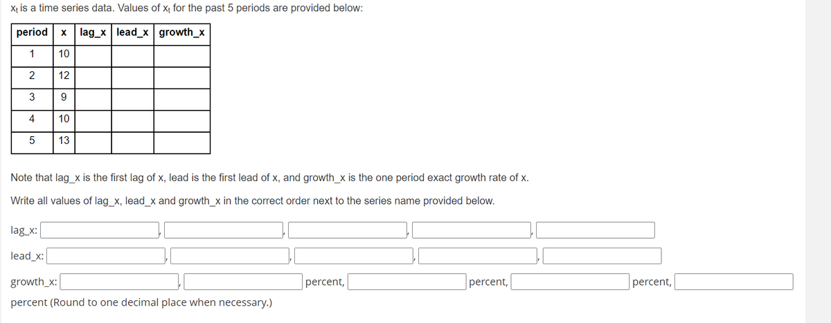 Xt is a time series data. Values of xt for the past 5 periods are provided below:
period
X
lag_x lead_x growth_x
1
10
12
3
9
4
10
13
Note that lag x is the first lag of x, lead is the first lead of x, and growth x is the one period exact growth rate of x.
Write all values of lag_x, lead_x and growth_x in the correct order next to the series name provided below.
lag_x:
lead_x:
growth_x:
percent,
percent,
percent,
percent (Round to one decimal place when necessary.)
