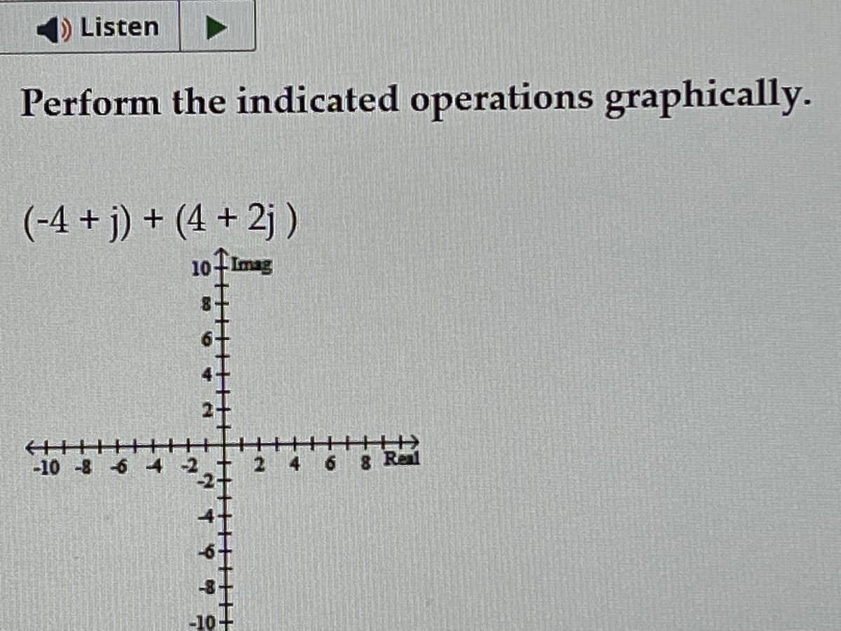 Listen
Perform the indicated operations graphically.
(-4+j) + (4 + 2j)
+++
-10 -8 -6
2 4
6
& Real