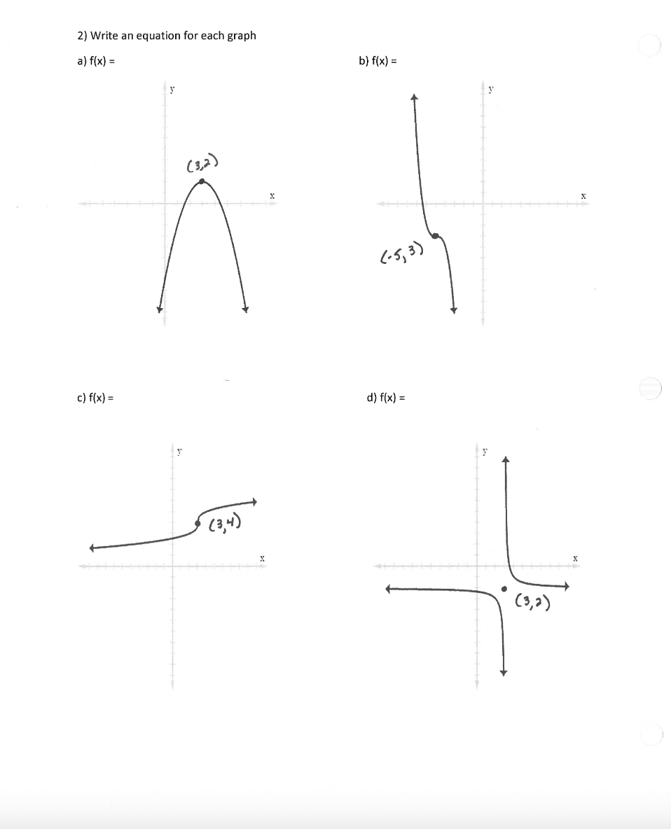 2) Write an equation for each graph
a) f(x) =
(32)
c) f(x) =
(34)
X
b) f(x) =
(-5, 3 )
d) f(x) =
(32)
X