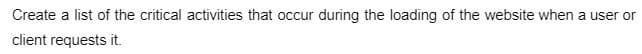 Create a list of the critical activities that occur during the loading of the website when a user or
client requests it.
