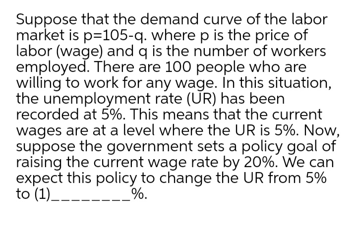Suppose that the demand curve of the labor
market is p=105-q. where p is the price of
labor (wage) and q is the number of workers
employed. There are 100 people who are
willing to work for any wage. In this situation,
the unemployment rate (UR) has been
recorded at 5%. This means that the current
wages are at a level where the UR is 5%. Now,
suppose the government sets a policy goal of
raising the current wage rate by 20%. We can
expect this policy to change the UR from 5%
to (1)_-.
%.

