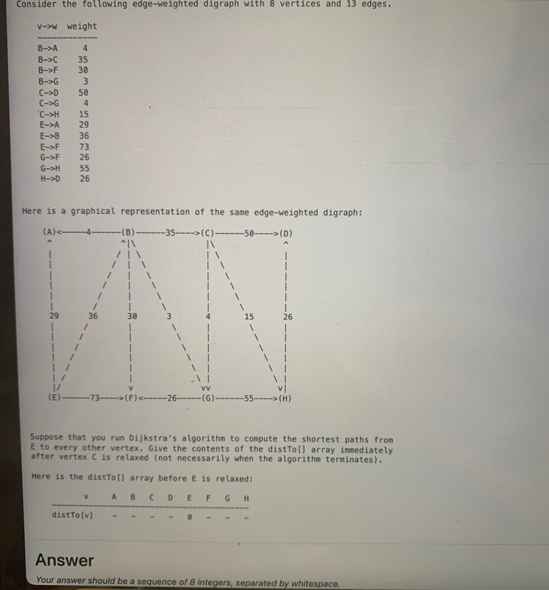 Consider the following edge-weighted digraph with 8 vertices and 13 edges.
v->w weight
B->A
4
B->C 35
B->F
30
B->G
3
C-D 50
C-G
4
C->H
15
E->A 29
E->B
36
E-F 73
G-F
26
G->H
55
H->D 26
Here is a graphical representation of the same edge-weighted digraph:
(A) <-----4---- -(B)------35---->(C).
(E)
36
^|\
V
30
VV
---73---->(F) <-----26- (G)
dist To [v]
IN
-50--->(D)
26
Suppose that you run Dijkstra's algorithm to compute the shortest paths from
E to every other vertex. Give the contents of the distTo[] array immediately.
after vertex C is relaxed (not necessarily when the algorithm terminates).
Here is the distTo[] array before E is relaxed:
ABCDEFGH
(H)
Answer
Your answer should be a sequence of 8 integers, separated by whitespace.