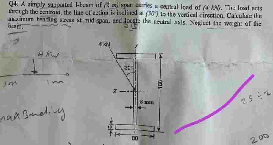 Q4: A simply supported I-beam of (2 m) span carries a central load of (4 kN). The load acts
through the centroid, the line of action is inclined at (30°) to the vertical direction. Calculate the
maximum bending stress at mid-span, and locate the neutral axis. Neglect the weight of the
beam.
nax Bending
4 KN
➜g
N
30⁰
80
8 mm
160-
25=2
200