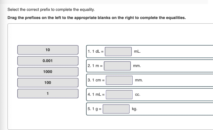 Select the correct prefix to complete the equality.
Drag the prefixes on the left to the appropriate blanks on the right to complete the equalities.
10
0.001
1000
100
1
1. 1 dL =
2.1 m =
3.1 cm =
4.1 mL =
5.1g=
mL.
mm.
mm.
CC.
kg.