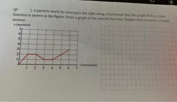 Qf
}: A particle starts by moving to the right along a horizontal line; the graph of its position
function is shown in the figure. Draw a graph of the velocity function. Explain how you arrive at your
answer.
s (meters)
6
5
4
3
2
2
3
456
7
t (seconds)