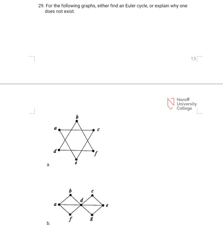 29. For the following graphs, either find an Euler cycle, or explain why one
does not exist.
13
Noroff
University
College
a.
b.
