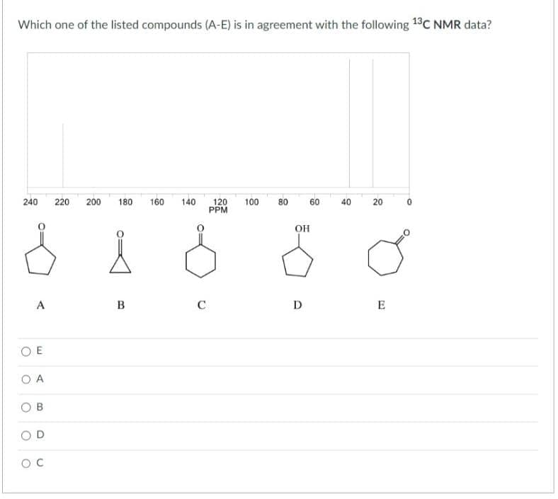 Which one of the listed compounds (A-E) is in agreement with the following 13C NMR data?
240
ΟΕ
A
OA
O
O
B
D
OC
220 200 180 160 140
i
B
C
120 100 80
PPM
OH
D
60
40
20
E
0