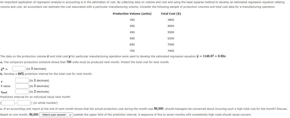 An important application of regression analysis in accounting is in the estimation of cost. By collecting data on volume and cost and using the least squares method to develop
estimated regression equation relating
volume and cost, an accountant can estimate the cost associated with a particular manufacturing volume. Consider the following sample of production volumes and total cost data for a manufacturing operation.
Production Volume (units)
Total Cost ($)
350
3800
400
4600
450
5500
550
6300
650
7000
750
7400
The data on the production volume x and total cost y for particular manufacturing operation were used to develop the estimated regression equation ŷ = 1146.67 + 8.80x.
a. The company's production schedule shows that 700 units must be produced next month. Predict the total cost for next month.
(to 2 decimals)
ŷ* =
b. Develop a 99% prediction interval for the total cost for next month.
(to 2 decimals)
t-value
(to 3 decimals)
Spred
(to 2 decimals)
Prediction Interval for an individual Value next month
) (to whole number)
c. If an accounting cost report at the end of next month shows that the actual production cost during the month was $6,000, should managers be concerned about incurring such a high total cost for the month? Discuss.
Based on one month, $6,000
Select your answer
outside the upper limit of the prediction interval. A sequence of five to seven months with consistently high costs should cause concern.
