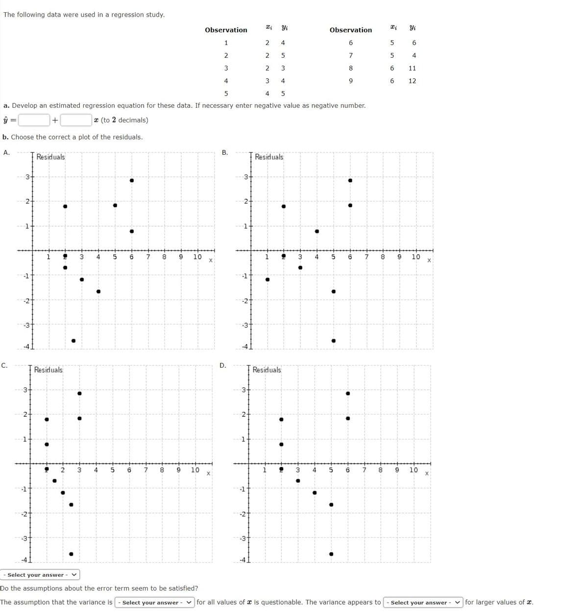 The following data were used in a regression study.
Observation
Yi
Observation
Yi
1
4
6.
6
2
2.
5
7
4
2
8
6
11
4
4
9
6.
12
4 5
a. Develop an estimated regression equation for these data. If necessary enter negative value as negative number.
+
x (to 2 decimals)
b. Choose the correct a plot of the residuals.
A.
В.
Residuals
Residuals
3-
3-
2-
2-
1
7
8
9
10
3
4
8
9
10
-1
-1
-2
-3
-4.
-4
C.
D.
Residuals
Residuals
3-
3-
2+
1
3
4
6
8
9
10
3
6
10
-1
-1
-3-
Select your answer - v
Do the assumptions about the error term seem to be satisfied?
The assumption that the variance is
Select your answer -
for all values of x is questionable. The variance appears to
Select your answer - v for larger values of x.
