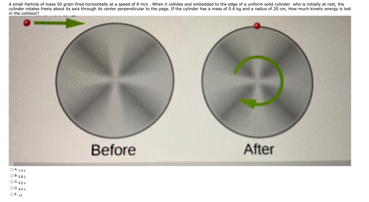 A small Particle of mass 50 gram fired horizontally at a speed of 8 m/s . When it collides and embedded to the edge of a uniform solid cylinder who is initially at rest, the
cylinder rotates freely about its axis through its center perpendicular to the page. If the cylinder has a mass of 0.6 kg and a radius of 20 cm, How much kinetic energy is lost
in the collision?
After
Before
O A. 1.4 J
OB.
2.8 J
О С. 3.2 J
O D. 4.4 J
O E. 1J
